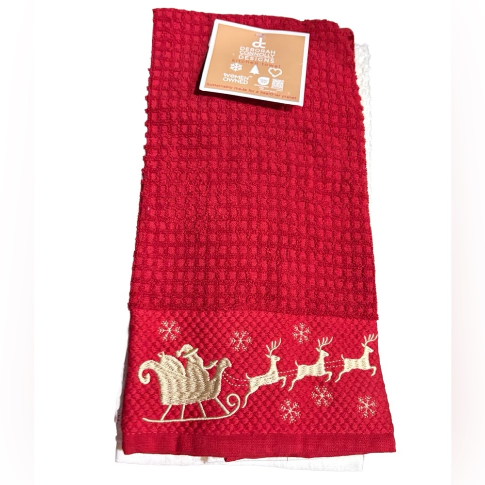 DEBORAH CONNOLLY DESIGNS NWT 3pc textured embroidered kitchen towel set -Santa